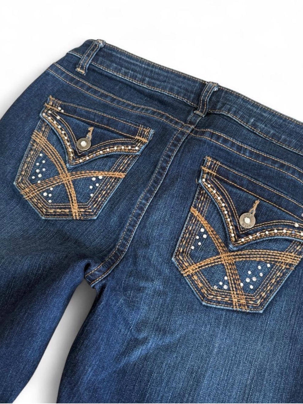Women’s Capri Denim Blue Jeans Size 6 Rhinestone, Thick Stitch skinny Mid Rise